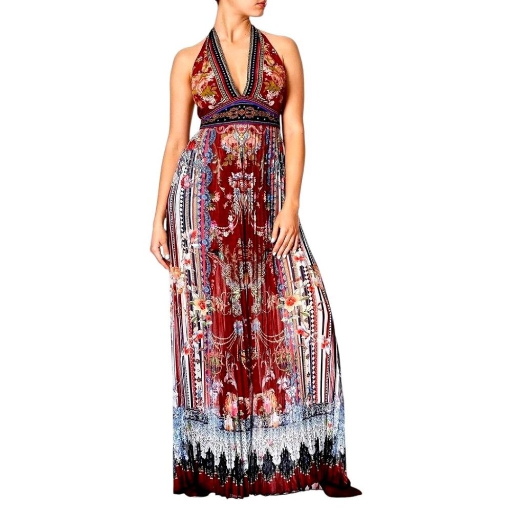 CAMILLA Silk Tie Neck Halter Jumpsuit Wide Leg Palazzo XL Costume Party Print